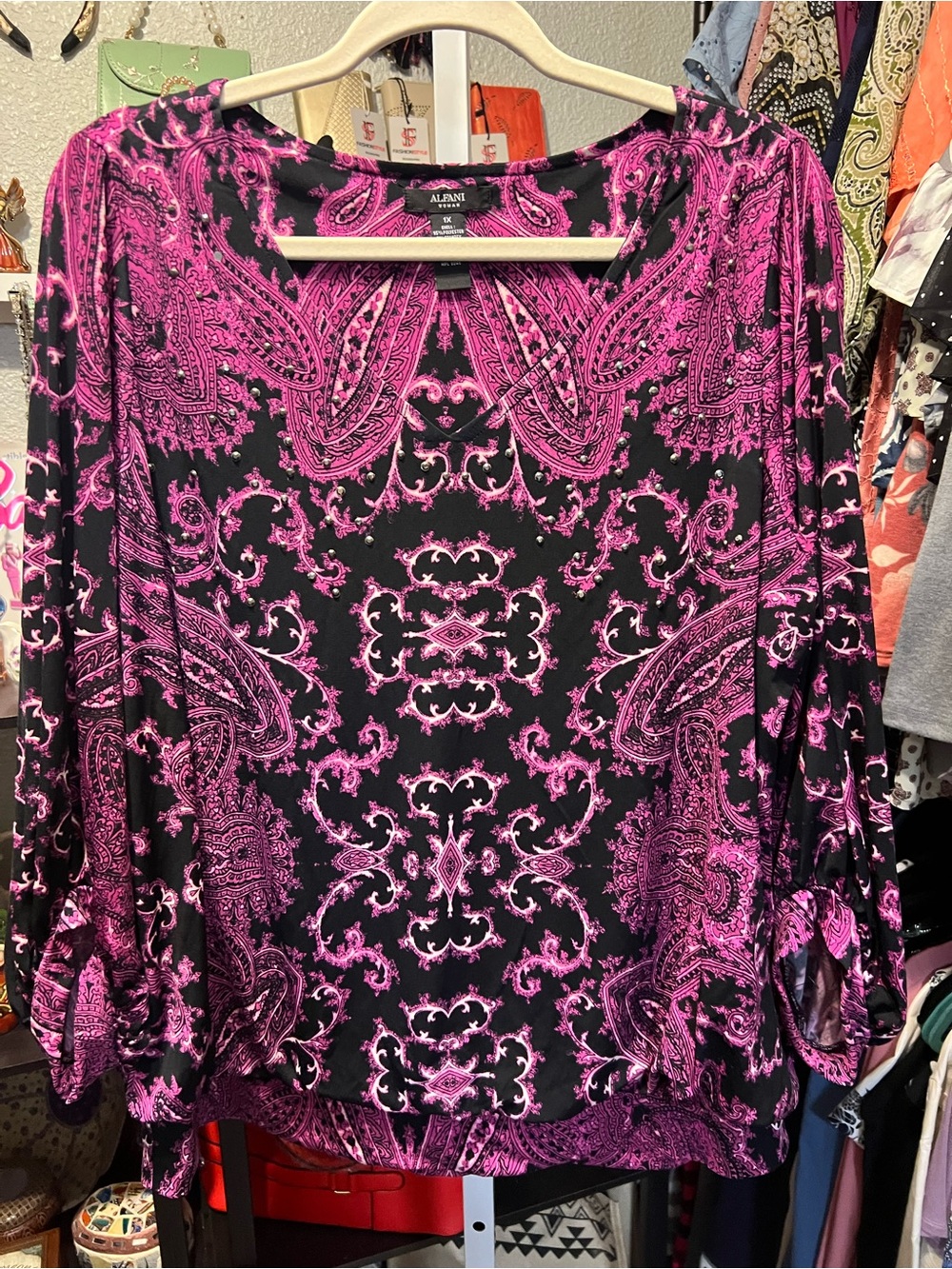Alfani Black & Hot Pink Paisley Long-Sleeve Blouse